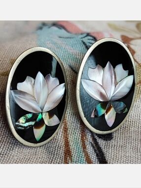 Alpaca Mexico Signed Silver Abalone Shell Mother of Pearl Pierced Earrings EUC